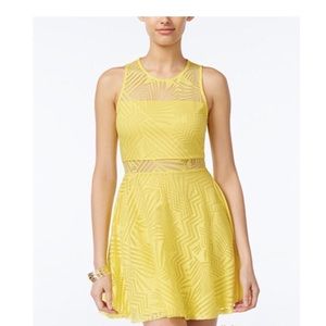 Yellow Skater Dress w/ Mesh Waist Geometric Design